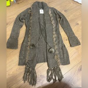 Lapis Knit/Fur Detail Long Tunic Sweater Heather Brown Wool Women’s Size M